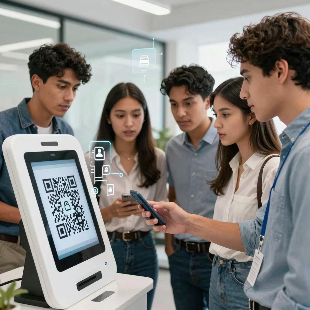 A clean, modern office environment featuring a diverse group of young Latinx adults in their early 20s gathered around a digital kiosk. One person is scanning a QR code displayed on a sleek screen with their smartphone, while others watch with engaged, curious expressions. The background includes subtle graphical overlays like floating icons representing digital engagement, social media, and data analytics charts emphasizing consumer psychology. The lighting is bright and natural, highlighting a tech-savvy, energetic atmosphere that reflects Gen Z’s active interaction with QR codes for digital engagement.