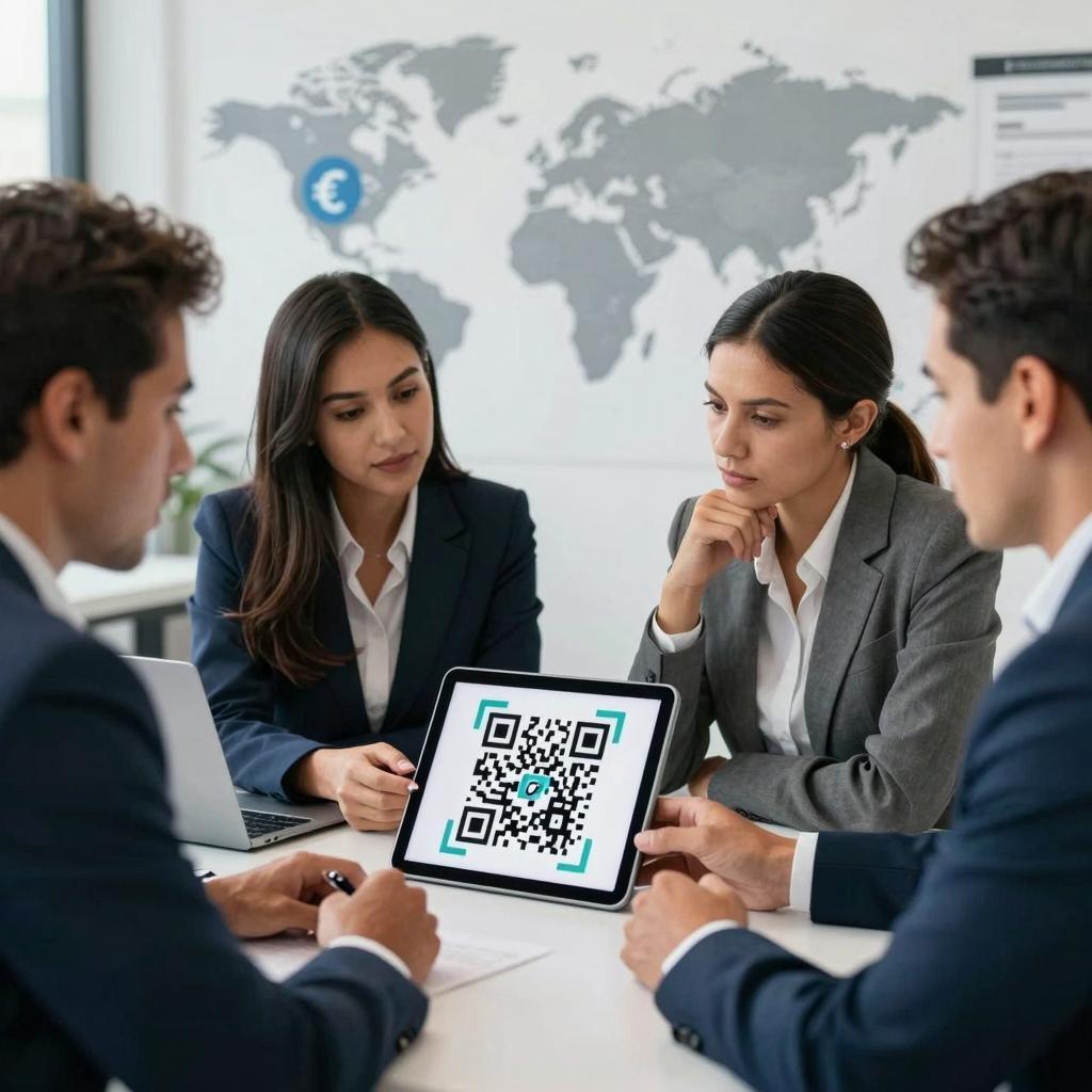A professional and realistic scene depicting a diverse group of Latin American business professionals engaged in a discussion around a digital tablet displaying a QR code for payment. The setting is a modern, well-lit office environment with a world map and international currency symbols subtly visible in the background, symbolizing global transactions. The individuals appear focused and collaborative, highlighting the challenges of cross-border QR code payments and international transaction complexities. The image conveys themes of technology, finance, and cultural diversity in the context of global digital payment solutions.