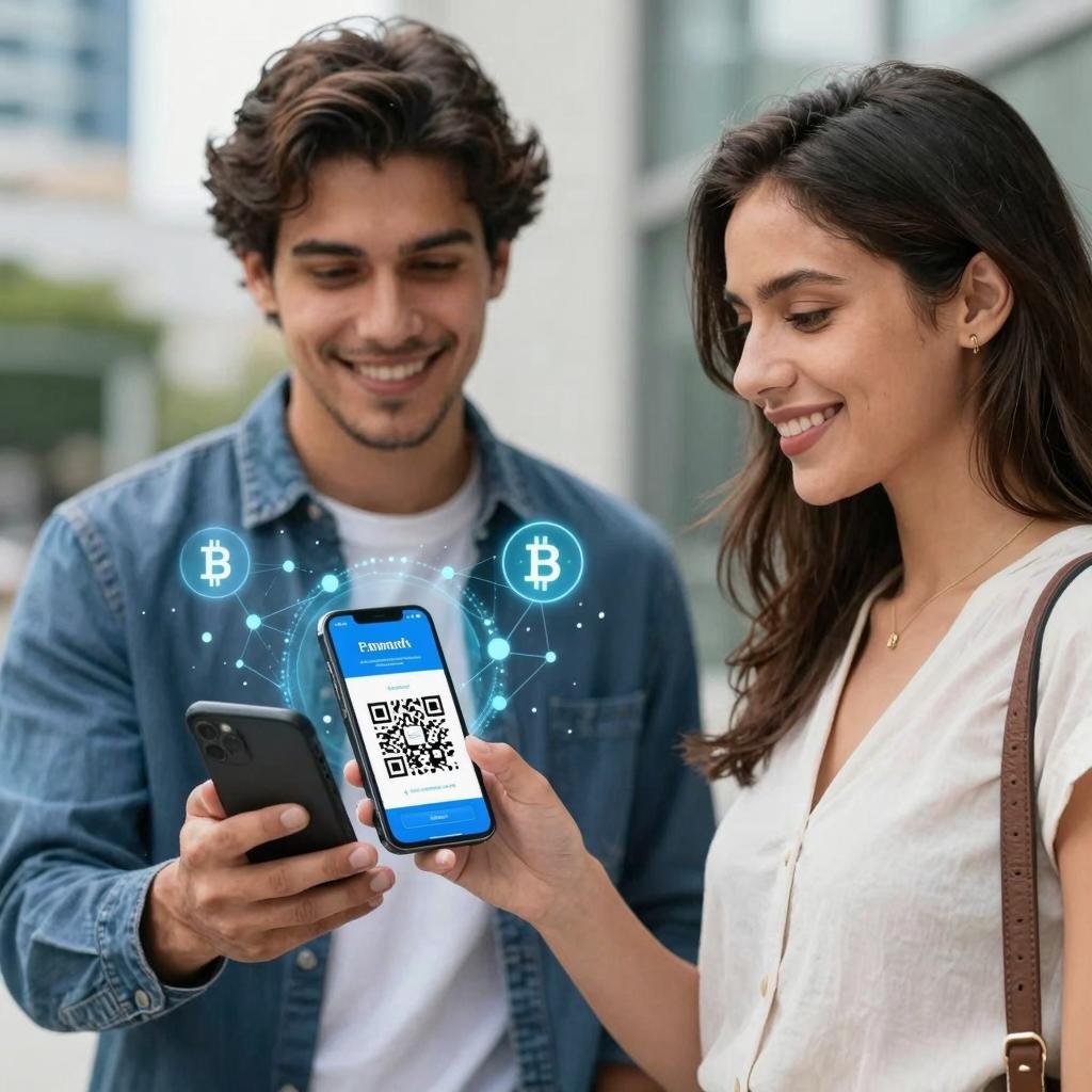 A modern, professional scene depicting a young Latin American man and woman engaging in a transaction using cryptocurrency. The setting is a sleek, urban environment with futuristic digital elements subtly integrated into the background, such as glowing blockchain symbols and abstract network nodes representing decentralization. The man is holding a smartphone displaying a clear, detailed QR code for a cryptocurrency payment, while the woman looks on with a confident smile, ready to scan it. The overall lighting is bright and natural, emphasizing clarity and trust in decentralized payment methods. The image conveys innovation, security, and accessibility in digital finance.