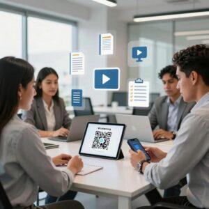 A modern office setting featuring a small group of Latinx employees engaged in a training session. One employee is holding a smartphone, scanning a QR code displayed on a tablet screen placed on a sleek desk. Around them, digital icons representing microlearning—such as booklets, video play buttons, and checklists—float subtly in the background. The environment is bright and professional, with contemporary office furniture and large windows letting in natural light. The focus is on seamless, tech-enabled employee development through innovative QR code-based modules.