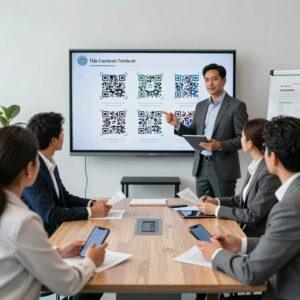 A modern, professional conference room setting with a group of confident Latinx executives engaged in a board presentation. One executive is standing near a large digital screen displaying a detailed report embedded with multiple colorful QR codes. The attendees, dressed in business attire, are attentively scanning the QR codes on paper handouts and digital tablets using their smartphones. The room features sleek furniture, bright natural lighting, and a minimalist design, emphasizing technology integration and effective executive communication.