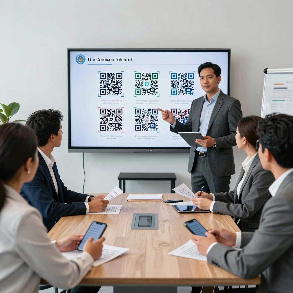 A modern, professional conference room setting with a group of confident Latinx executives engaged in a board presentation. One executive is standing near a large digital screen displaying a detailed report embedded with multiple colorful QR codes. The attendees, dressed in business attire, are attentively scanning the QR codes on paper handouts and digital tablets using their smartphones. The room features sleek furniture, bright natural lighting, and a minimalist design, emphasizing technology integration and effective executive communication.