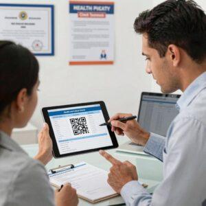A professional, well-lit office environment showing a confident Latin American man and woman collaboratively reviewing health and safety compliance checklists on a digital tablet. The tablet screen clearly displays a prominent QR code integrated with detailed checklist items and compliance documentation. Nearby, a modern clipboard holds printed safety forms and documents neatly arranged on a desk. The background features safety posters and compliance certificates on the wall, emphasizing an organized workplace committed to health and safety standards. The scene conveys precision, diligence, and the seamless use of technology for efficient health and safety compliance management.