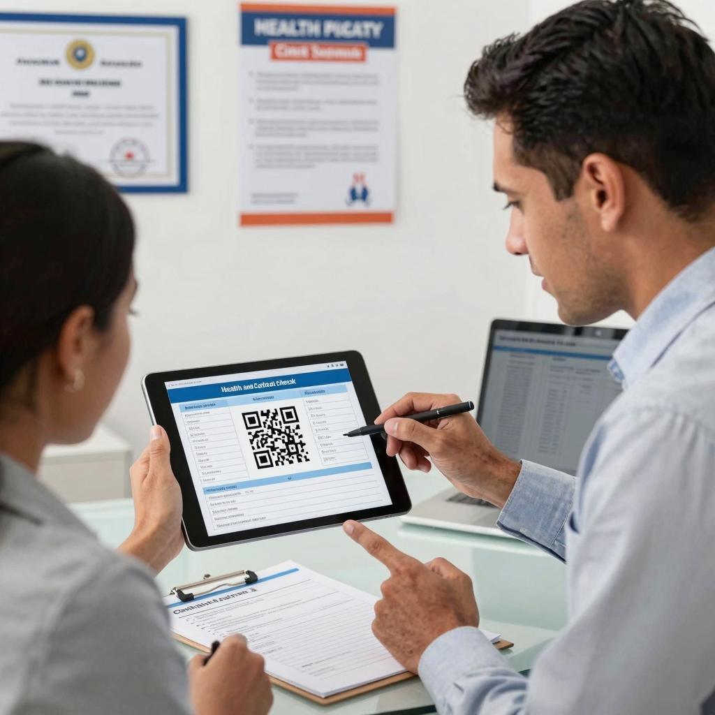 A professional, well-lit office environment showing a confident Latin American man and woman collaboratively reviewing health and safety compliance checklists on a digital tablet. The tablet screen clearly displays a prominent QR code integrated with detailed checklist items and compliance documentation. Nearby, a modern clipboard holds printed safety forms and documents neatly arranged on a desk. The background features safety posters and compliance certificates on the wall, emphasizing an organized workplace committed to health and safety standards. The scene conveys precision, diligence, and the seamless use of technology for efficient health and safety compliance management.