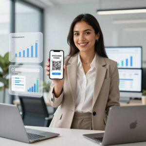 A professional, modern office setting featuring a confident Latin influencer in their late 20s, dressed in smart casual attire, holding a smartphone displaying a QR code on the screen. Surrounding them are floating digital graphics symbolizing affiliate sales tracking, such as charts, graphs, and sales numbers. In the background, there is a laptop open with a dashboard showing real-time marketing analytics. The overall scene emphasizes the seamless integration of influencer marketing with QR code technology for tracking affiliate sales, with clean, bright lighting and a tech-savvy atmosphere.