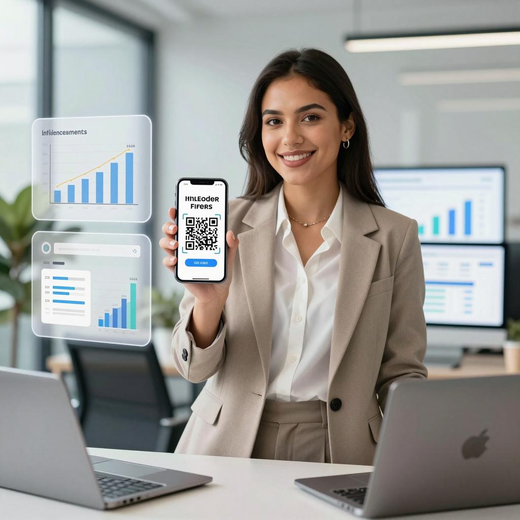 A professional, modern office setting featuring a confident Latin influencer in their late 20s, dressed in smart casual attire, holding a smartphone displaying a QR code on the screen. Surrounding them are floating digital graphics symbolizing affiliate sales tracking, such as charts, graphs, and sales numbers. In the background, there is a laptop open with a dashboard showing real-time marketing analytics. The overall scene emphasizes the seamless integration of influencer marketing with QR code technology for tracking affiliate sales, with clean, bright lighting and a tech-savvy atmosphere.