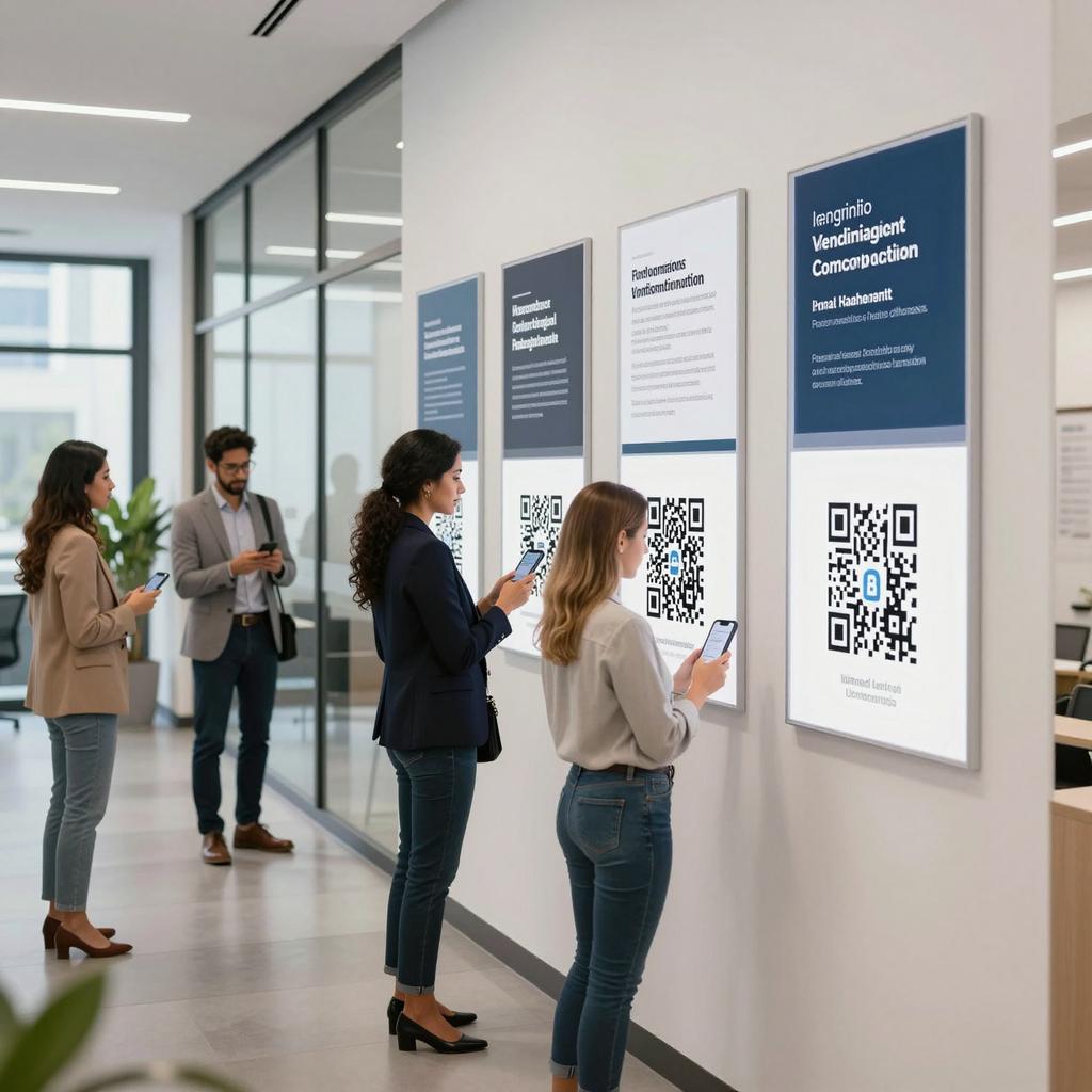 A modern office hallway featuring clear, sleek signage and announcement boards with prominently displayed QR codes. Several Latinx professionals, dressed in smart casual business attire, are engaging with the signs by scanning the QR codes using their smartphones. The office environment is bright and contemporary, with glass walls, urban decor, and a collaborative atmosphere. The signage includes dynamic digital screens and printed posters highlighting internal communications such as event updates, company news, and HR information. The scene conveys a sense of efficient, tech-savvy communication fostering connectivity among employees.