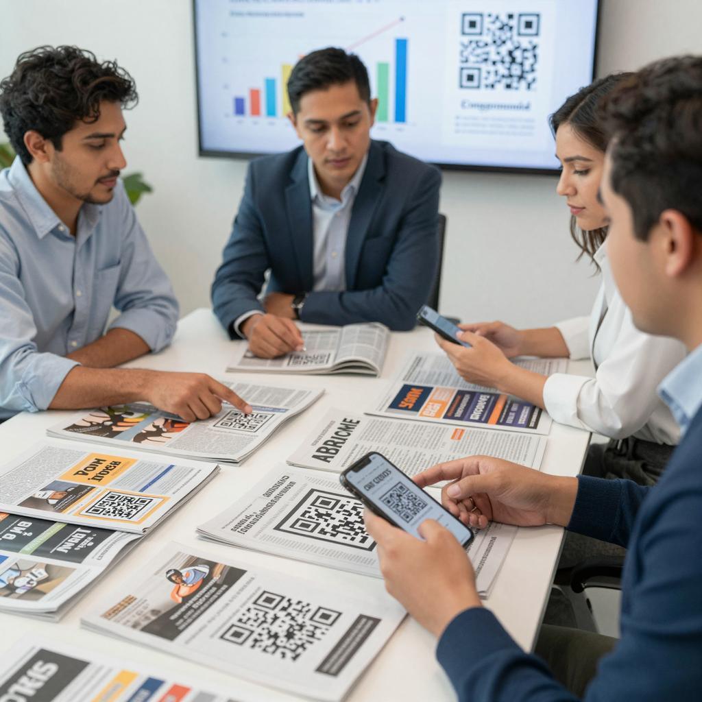 A modern, professional office setting featuring a Latinx marketing team collaborating around a table scattered with magazines, newspapers, and direct mail brochures. Visible on these print materials are clearly integrated QR codes, seamlessly blending into the design. One team member is pointing to a magazine page with a QR code, while another scans a code on a direct mail flyer using a smartphone. The background includes a large screen displaying analytics graphs showing engagement metrics from QR code scans. The environment is bright and organized, emphasizing the connection between print media and digital interaction through QR code integration.