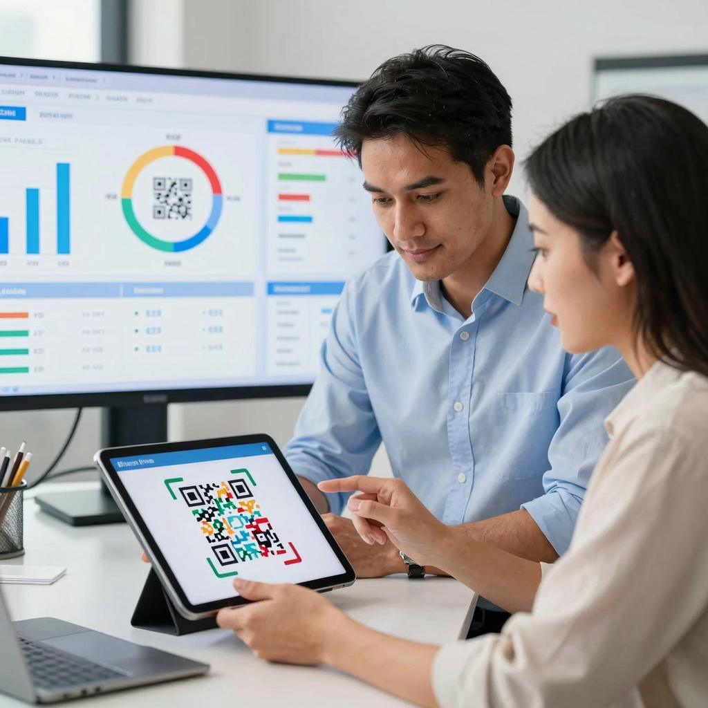 A clean, professional office setting featuring a confident Latin man and woman collaborating over a digital tablet displaying a colorful QR code and campaign analytics dashboard. The background includes large screens showing graphs and data flows tracking user attribution from first click to final conversion. The scene highlights modern technology and teamwork in a marketing environment, with clear visuals representing digital campaign tracking, QR codes, and customer journey analytics. The lighting is bright and natural, emphasizing clarity and focus.