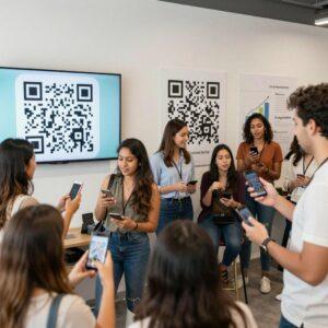 A clean, professional, and realistic image of a vibrant marketing event where a diverse group of young Latinx adults enthusiastically participate in a QR code contest. The scene is set in a modern co-working space with people engaging actively, holding smartphones scanning large, prominently displayed QR codes on digital screens and posters. The atmosphere is dynamic and energetic, highlighting excitement and social interaction. The background features clear branding elements illustrating viral marketing mechanics, such as graphs showing engagement growth and social media icons. The lighting is bright and natural, emphasizing the tech-savvy and community-driven environment.