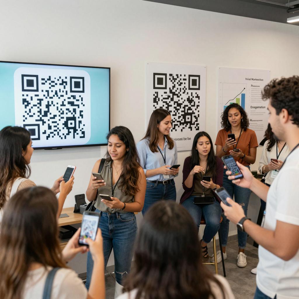 A clean, professional, and realistic image of a vibrant marketing event where a diverse group of young Latinx adults enthusiastically participate in a QR code contest. The scene is set in a modern co-working space with people engaging actively, holding smartphones scanning large, prominently displayed QR codes on digital screens and posters. The atmosphere is dynamic and energetic, highlighting excitement and social interaction. The background features clear branding elements illustrating viral marketing mechanics, such as graphs showing engagement growth and social media icons. The lighting is bright and natural, emphasizing the tech-savvy and community-driven environment.