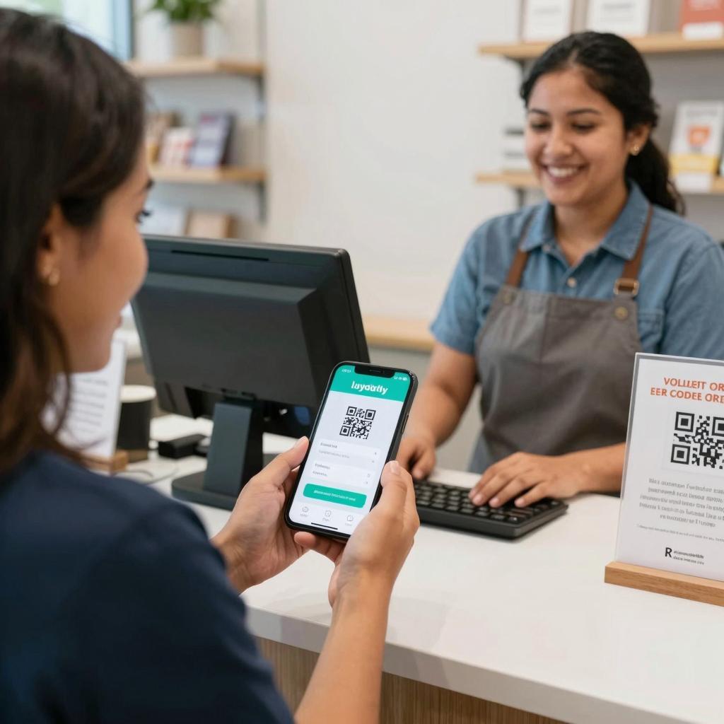 A clean, modern retail environment showcasing a Latinx customer scanning a QR code on their smartphone at the checkout counter. The scene highlights digital engagement with a visible loyalty program interface on the phone screen, displaying rewards and points. Behind the counter, a friendly Latinx employee assists the customer, emphasizing personalized service. The background includes subtle branding elements and promotional signage about the QR code loyalty program, creating a professional and inviting atmosphere focused on building customer retention through technology and community connection.