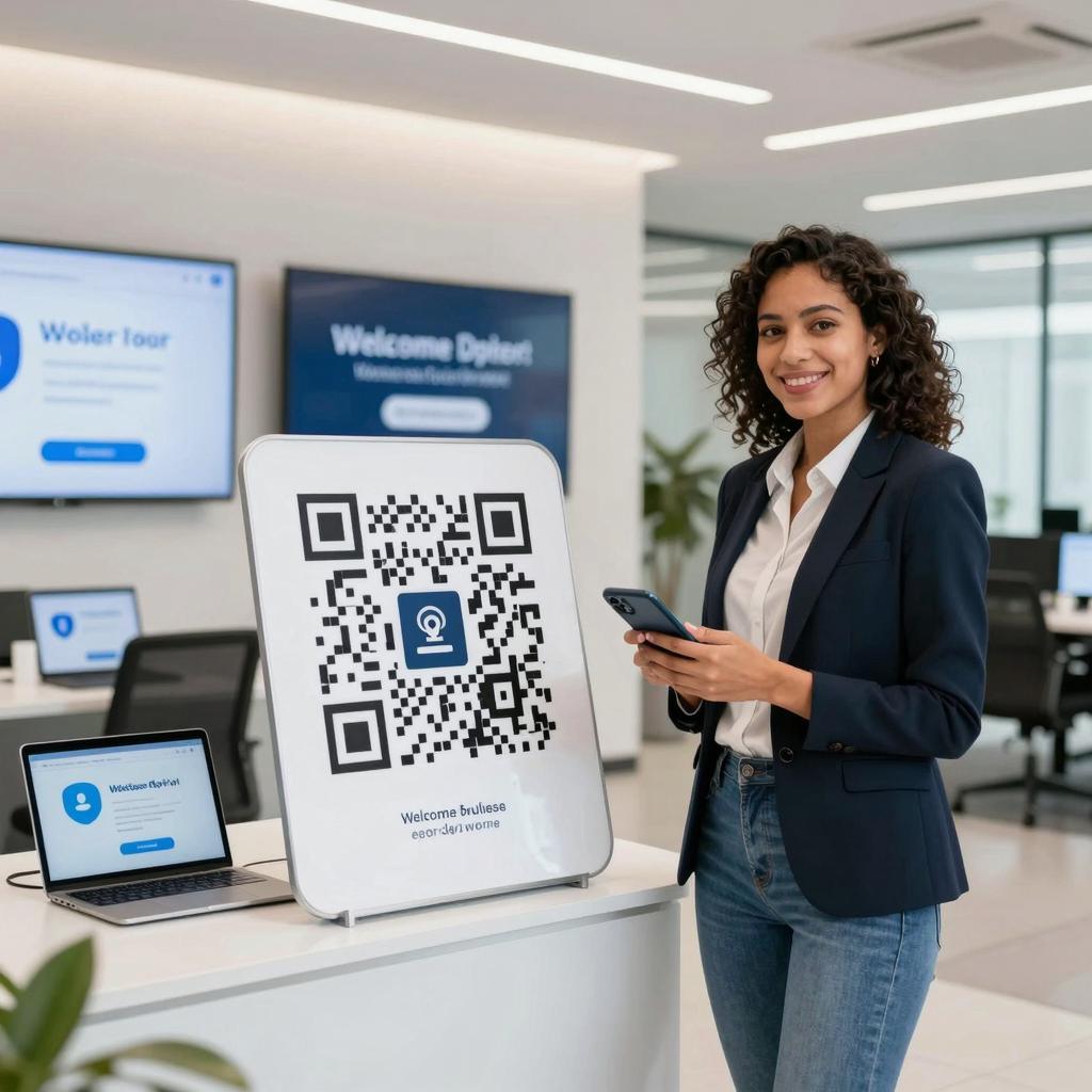 A modern, bright office lobby with sleek design elements, featuring a young Latinx employee scanning a large, prominently displayed QR code on a stand with a smartphone. Around them, digital screens and tablets show onboarding information and welcome messages. The scene conveys efficiency and ease, highlighting technology enhancing the first-day experience. The employee is dressed in smart-casual business attire, smiling confidently, with natural lighting emphasizing a friendly and professional atmosphere.