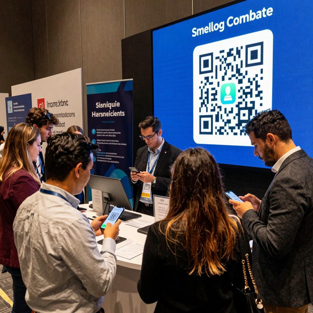 A modern, professional event setting featuring a group of Latin individuals engaging with large digital screens displaying vibrant QR codes. The scene showcases people scanning QR codes on their smartphones for event registration, ticketing, and networking purposes. Attendees are dressed in smart casual attire, interacting with each other and event staff at sleek registration desks. The background includes branded banners and digital signage emphasizing seamless technology integration. The atmosphere is lively and collaborative, with warm lighting highlighting the innovative, tech-driven environment of the event marketing experience.