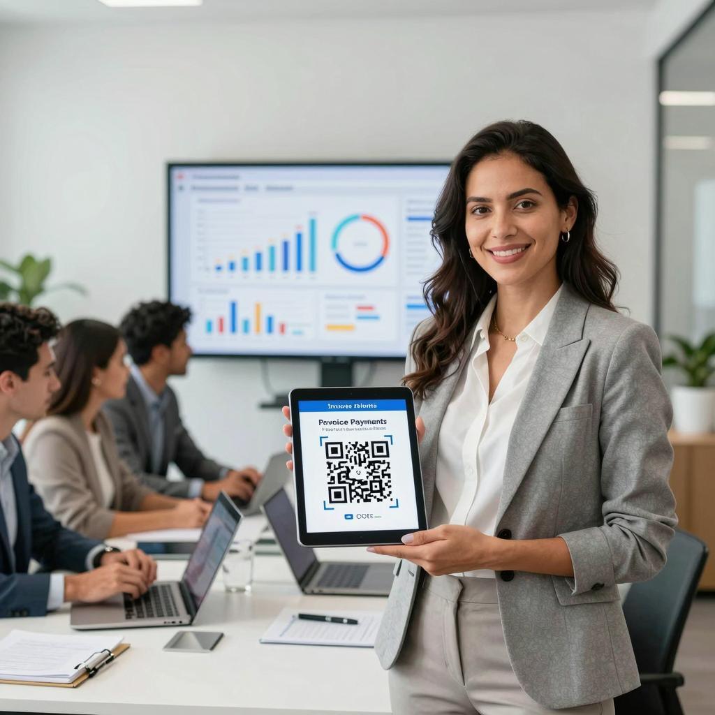 A modern, professional office environment where a confident Latin American businesswoman in smart casual attire is holding a tablet displaying a clear, scannable QR code for invoice payment. In the background, a diverse team of Latin American professionals collaborates around a conference table with laptops and digital devices, emphasizing seamless B2B communication and efficiency. The setting is bright and organized, with digital screens showing graphs and transaction data, symbolizing streamlined bill payments and financial technology integration. The overall tone is innovative, trustworthy, and focused on advanced payment solutions in a corporate context.