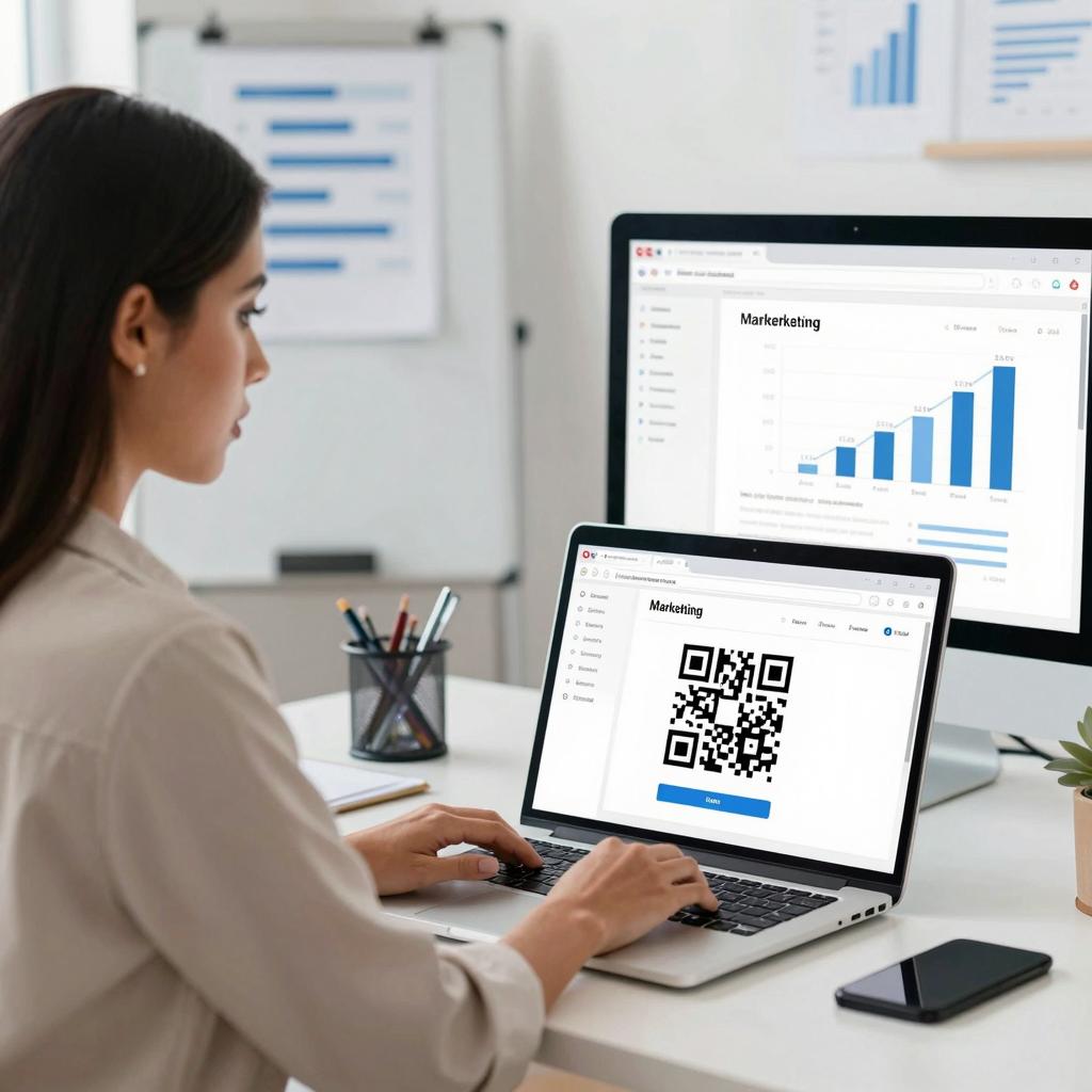 A clean, professional office setting featuring a confident Latinx marketing specialist in their early 30s, seated at a modern desk with a laptop displaying an email marketing dashboard. On the laptop screen, a clear, prominently placed QR code is visible, symbolizing integration into the email campaign. Surrounding the specialist are minimalistic charts and graphs on a secondary monitor or whiteboard, highlighting click-through rate optimization metrics. The background includes subtle branding elements and soft natural lighting to evoke a productive, innovative atmosphere focused on digital marketing strategies.
