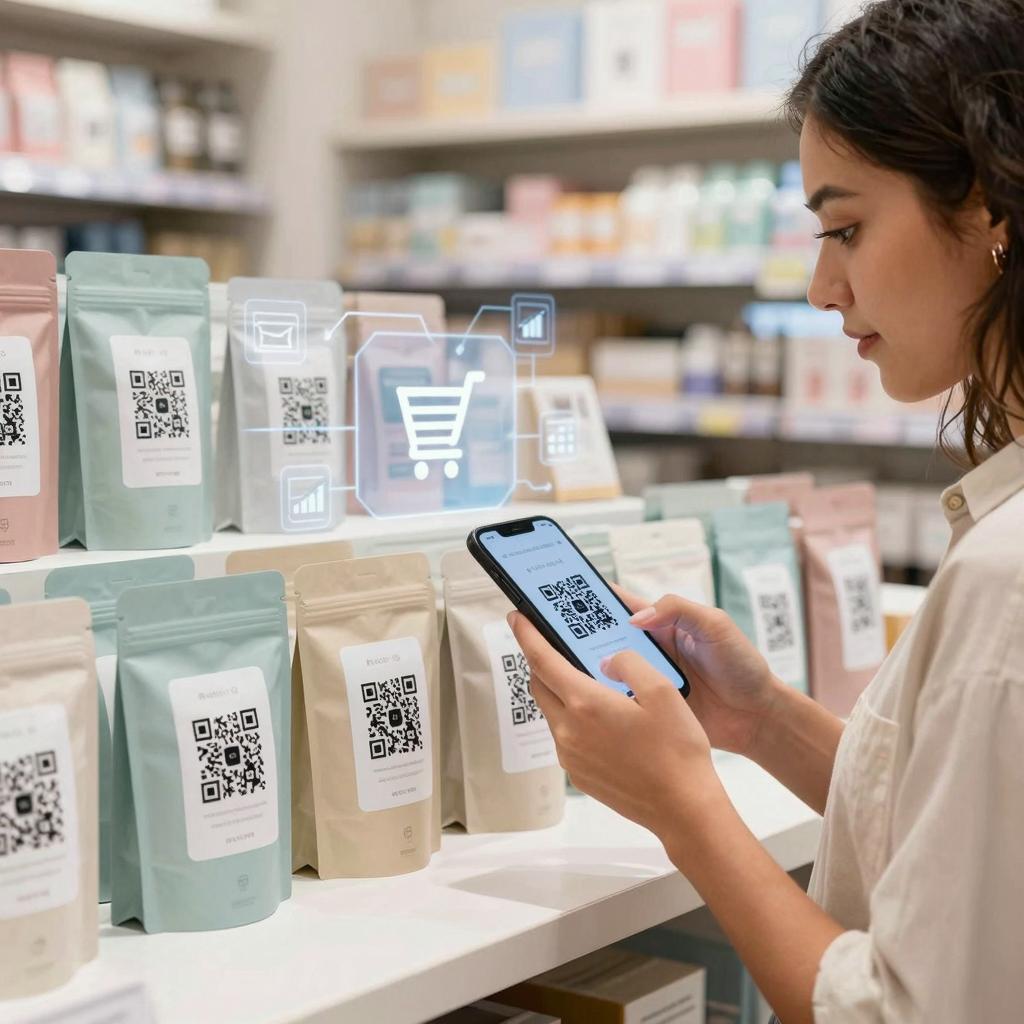 A sleek, modern retail packaging scene featuring various consumer products with prominently displayed QR codes integrated seamlessly into their labels and designs. The setting is a bright, well-organized store shelf or a stylish countertop with soft, natural lighting highlighting the QR codes. In the foreground, a young Latinx woman in casual, trendy attire holds a smartphone, scanning a QR code on one of the packages with a focused and engaged expression. The background subtly emphasizes the concept of hidden marketing tools by showcasing digital icons, such as conversion graphs or shopping carts, faintly overlaid in a transparent, tech-inspired style. The overall mood is professional, innovative, and inviting, demonstrating the effectiveness of QR codes as powerful marketing tools that drive consumer interaction and conversion.
