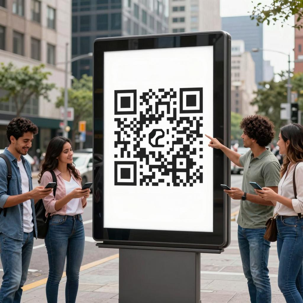 A vibrant urban scene featuring a large, modern billboard prominently displaying a clear, scannable QR code. The billboard is set against a busy city street with sleek buildings and greenery in the background. In the foreground, a group of diverse Latinx individuals – casually dressed adults and young professionals – are actively engaging with the billboard, some using their smartphones to scan the QR code while others are smiling and pointing at the display. The lighting is bright and natural, highlighting the effectiveness of out-of-home advertising in a contemporary urban environment. The overall atmosphere conveys connectivity, technology, and the impact of interactive advertising in everyday life.
