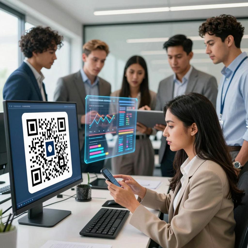 A modern, professional office environment featuring a diverse group of Latino professionals collaborating around a digital marketing strategy. In the foreground, a young Latino woman scans a large, prominently displayed QR code on a sleek digital screen using her smartphone. Around her, colleagues discuss retargeting audience data shown on multiple transparent holographic displays, highlighting user engagement graphs, audience segmentation, and conversion metrics. The setting is bright and tech-savvy, emphasizing a data-driven campaign focused on retargeting users who have scanned QR codes. The people are dressed in smart casual attire, appearing focused and engaged in their collaborative effort.