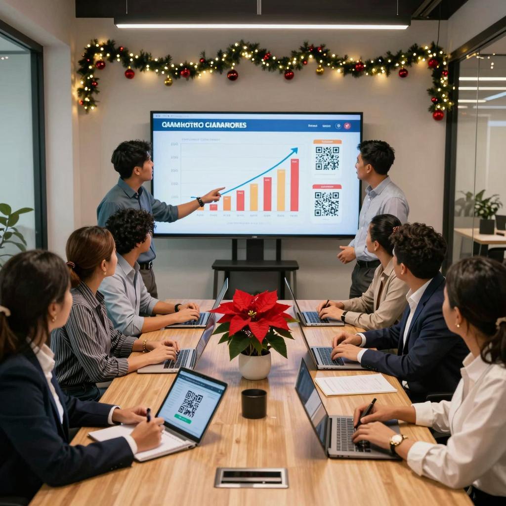 A vibrant, professional scene showcasing a diverse group of Latinx marketing professionals gathered around a sleek conference table in a modern office decorated with festive holiday elements like poinsettias, string lights, and colorful ornaments. They are analyzing seasonal QR code campaigns displayed on multiple digital screens, highlighting successful holiday marketing strategies. One team member is pointing at a large screen showing a graph with rising sales and engagement metrics, while others take notes on tablets and laptops. The atmosphere is collaborative and focused, with warm lighting emphasizing the holiday spirit and innovation in marketing technology.