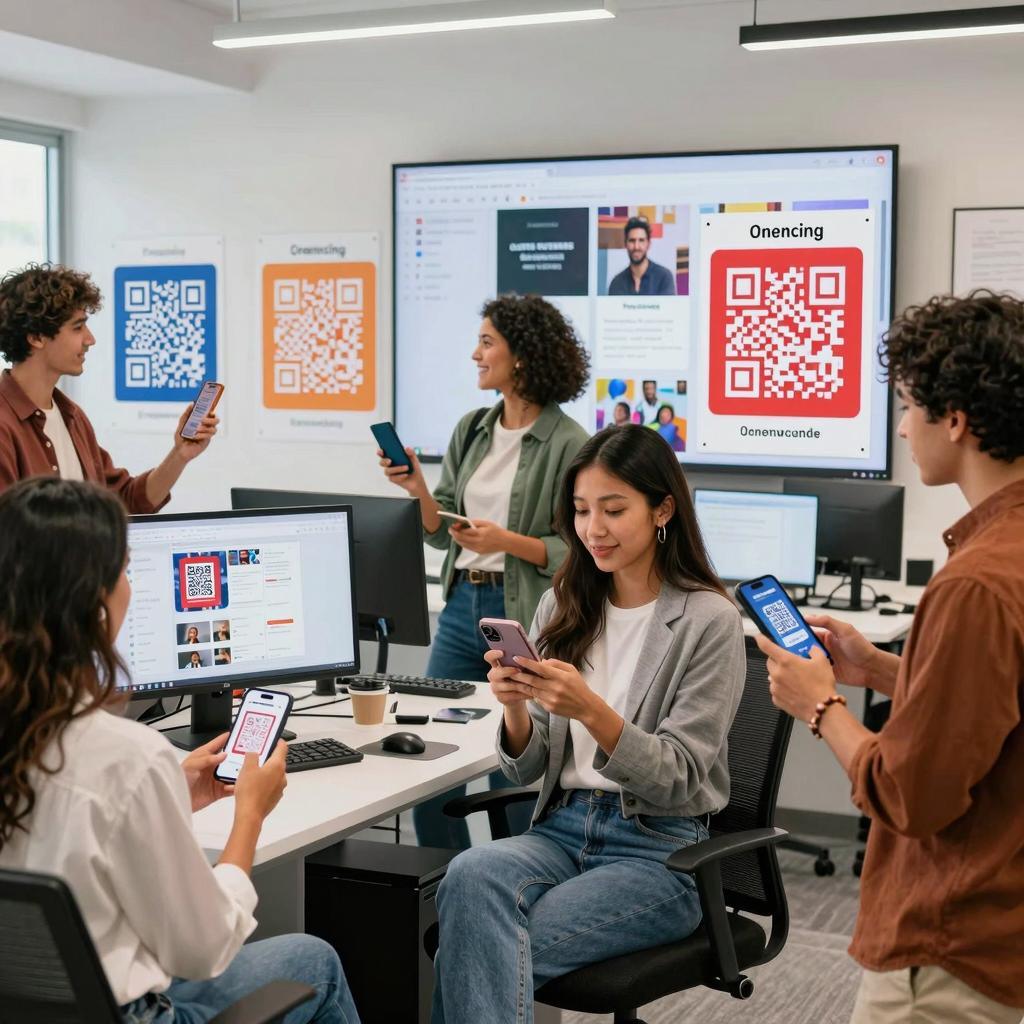 A modern, dynamic office environment where a diverse group of young Latinx professionals collaboratively engage in a user-generated content campaign powered by QR codes. The scene shows several Latinx individuals, casually dressed in trendy, business-casual attire, interacting with smartphones and tablets, scanning vibrant QR codes displayed on posters and digital screens around the workspace. The background features sleek technology elements such as large monitors showcasing social media feeds and user-generated content uploads. The atmosphere is bright and energetic, emphasizing creativity, connectivity, and teamwork in a cutting-edge marketing campaign setting.
