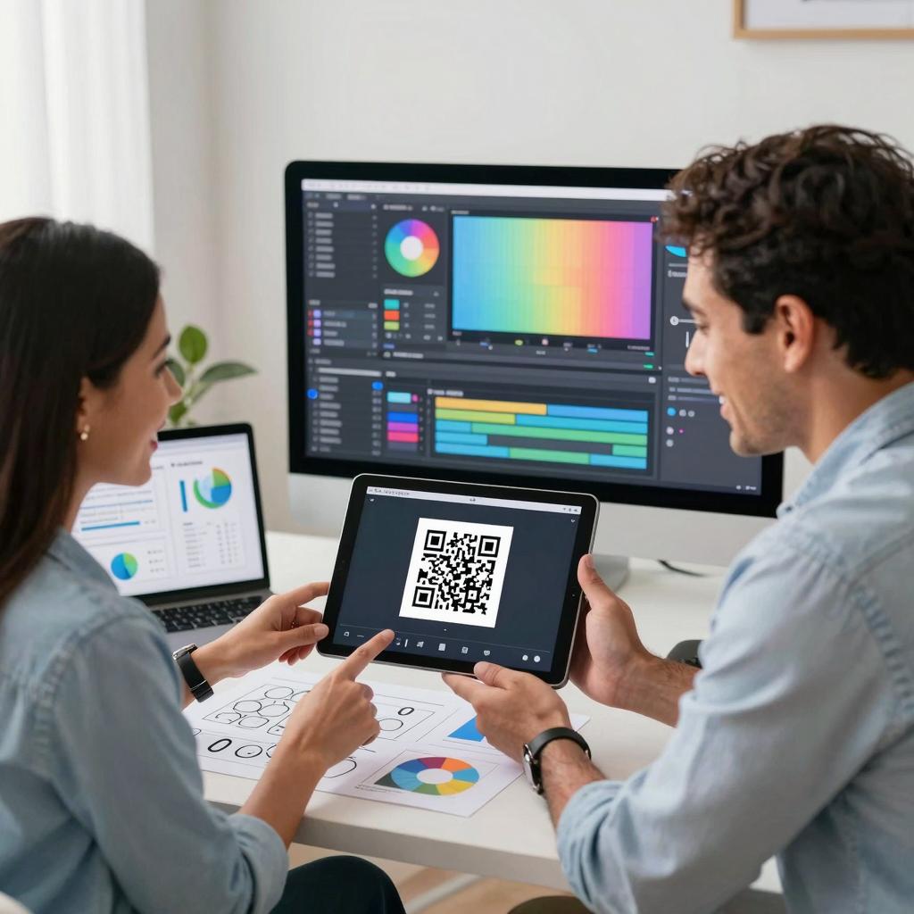 A modern, bright office setting with a confident Latin man and woman collaborating on a video marketing project. The man is holding a tablet displaying a video player interface with a clearly visible QR code embedded in the corner of the video thumbnail. The woman is pointing at the screen, smiling, while colorful charts and video editing tools appear on a large monitor in the background. On the desk, there are creative materials like storyboards and a laptop showing analytics dashboards. The scene emphasizes the integration of QR codes into visual video content for seamless link embedding, highlighting innovation and digital marketing strategy.